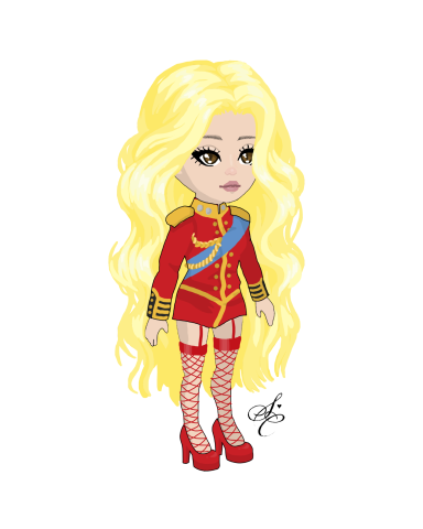 Stylised doll with long blonde hair, red military-style jacket, and high red heels.