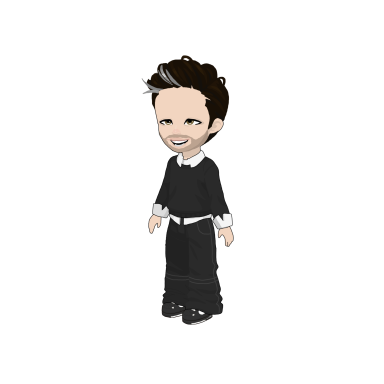 A stylised character with short dark hair, wearing a black outfit and smiling.