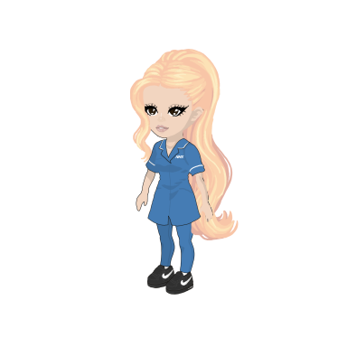 A cartoon character with long blonde hair, wearing a blue uniform and black shoes.