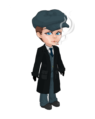 Tommy Shelby A cartoon character in a black coat and hat, smoking a cigarette.
