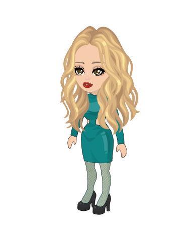 A stylised character with long blonde hair, wearing a teal dress and green tights.