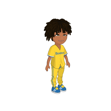 A cartoon character with curly dark hair, wearing a yellow sports outfit and blue shoes.