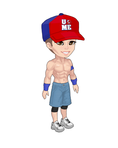 John Cena A cartoon character with a muscular build, wearing a red and blue cap with "U Cant C Me" and casual clothing.