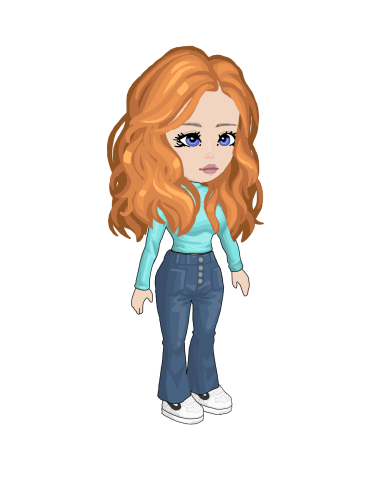 Cartoon character with long, wavy orange hair, wearing a light blue top and flared jeans.
