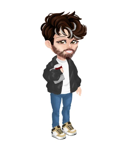 Cartoon depiction of a man with curly brown hair, wearing a jacket and holding a drink.