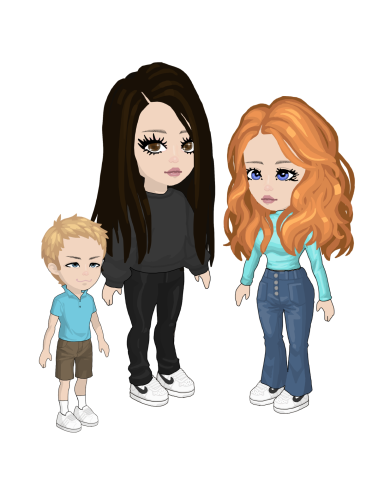 Three cartoon characters: a boy in a blue shirt, a woman in a grey top, and a woman with orange hair.