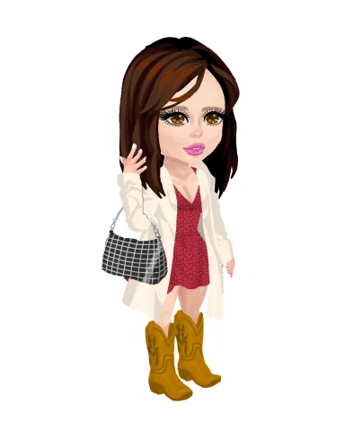 Stylised cartoon character with long brown hair, wearing a red dress and yellow boots.