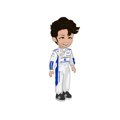 Cartoon character in a racing suit with brown hair, smiling and standing.