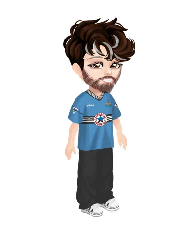 Cartoon character with brown hair, wearing a blue shirt and black trousers.