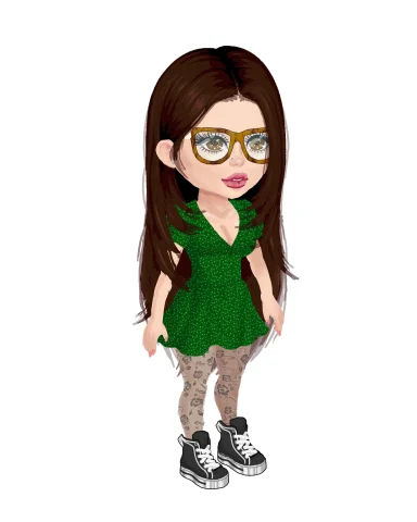 Cartoon character with long brown hair, glasses, green dress, and sneakers.