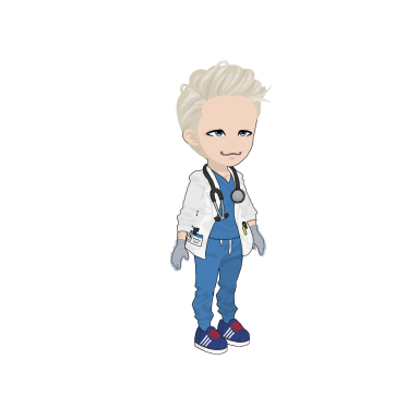 Cartoon character in a doctor’s outfit with a stethoscope and blonde hair.