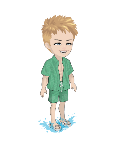 A cartoon boy with blond hair, wearing green shorts and sandals, standing in water.