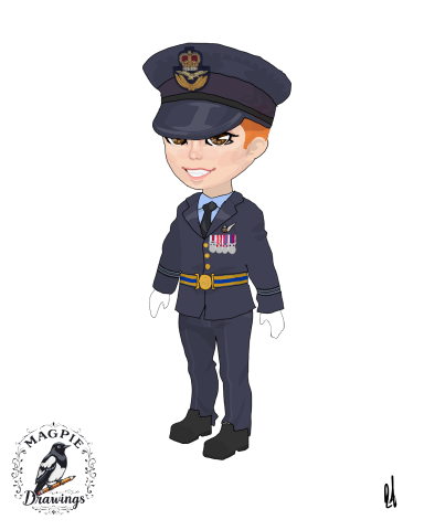 Cartoon character in a RAF uniform with a cap and military medals.