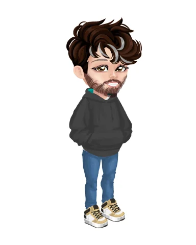 A cartoon character with curly hair, wearing a hoodie and jeans, standing with hands in pockets.