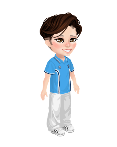 A smiling cartoon character in a blue shirt and white trousers.