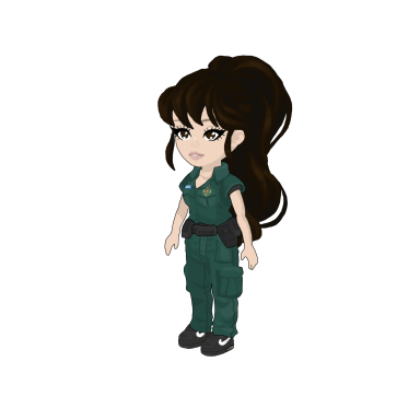 A cartoon character with long brown hair, wearing a green jumpsuit and black shoes.