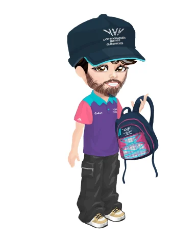 Glasgow 2026 Legend A cartoon character wearing a cap and a colourful polo shirt, holding a backpack.