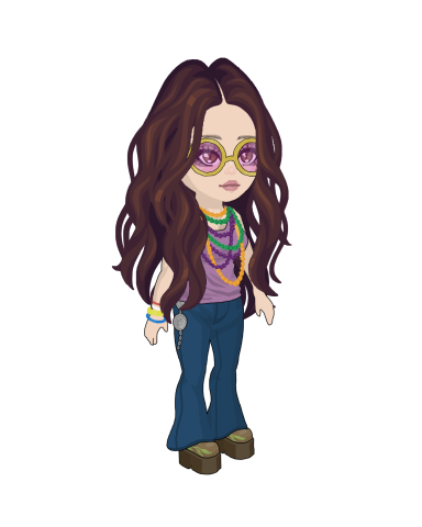 A cartoon girl with long brown hair, purple glasses, and colourful accessories.