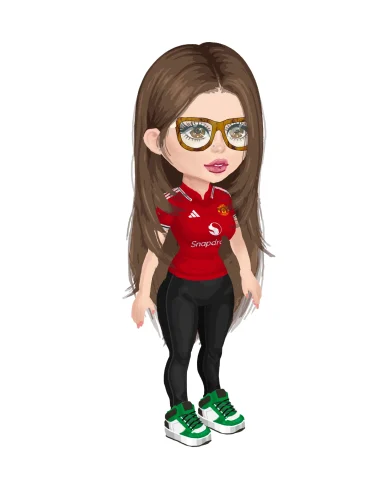 Cazza A cartoon character of Cazza, glasses, a red shirt, black leggings, and green sneakers.