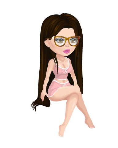 Cute character with long hair, glasses, wearing a pink outfit, sitting cross-legged.