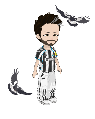 Cartoon character in a striped sports jersey with two birds flying nearby.