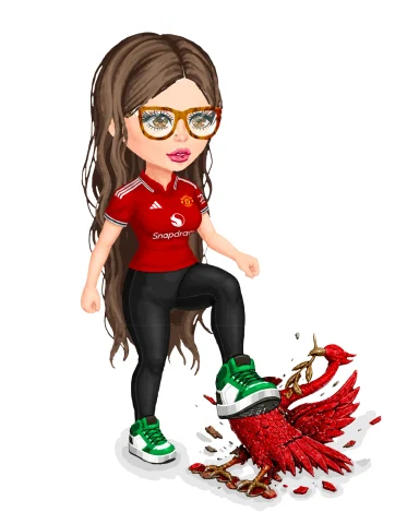 A cartoon girl in a red jersey and green sneakers stepping on a red bird.