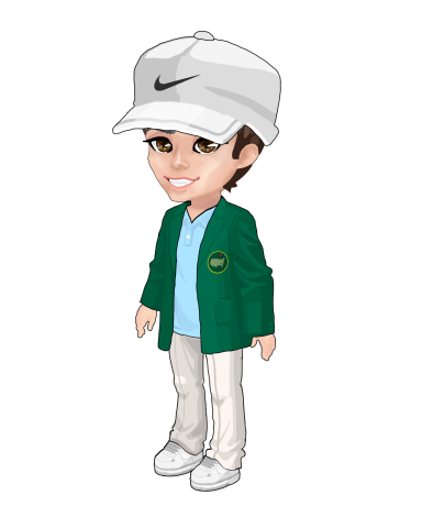 Rory McIlroy A cartoon character of Rory McIlroy wearing a white cap, green jacket, and light blue shirt with trousers.